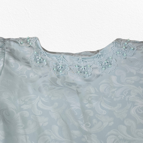 80s Vintage Light Blue Satin Floral Jacquard Lace Tunic Blouse Skirt Set Size 8 - Picture 5 of 14